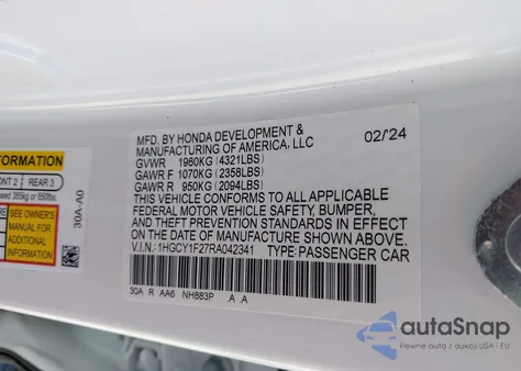 2024 Honda Accord Lx из США, поврежденный, VIN 1HGCY1F27RA042341